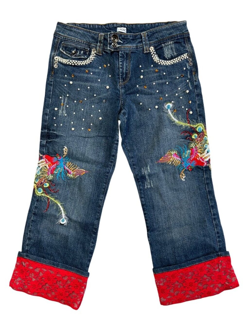 Cache Womens 14 Embroidered Capri Jeans Red Lace Hem Rhinestone & Beaded Details
